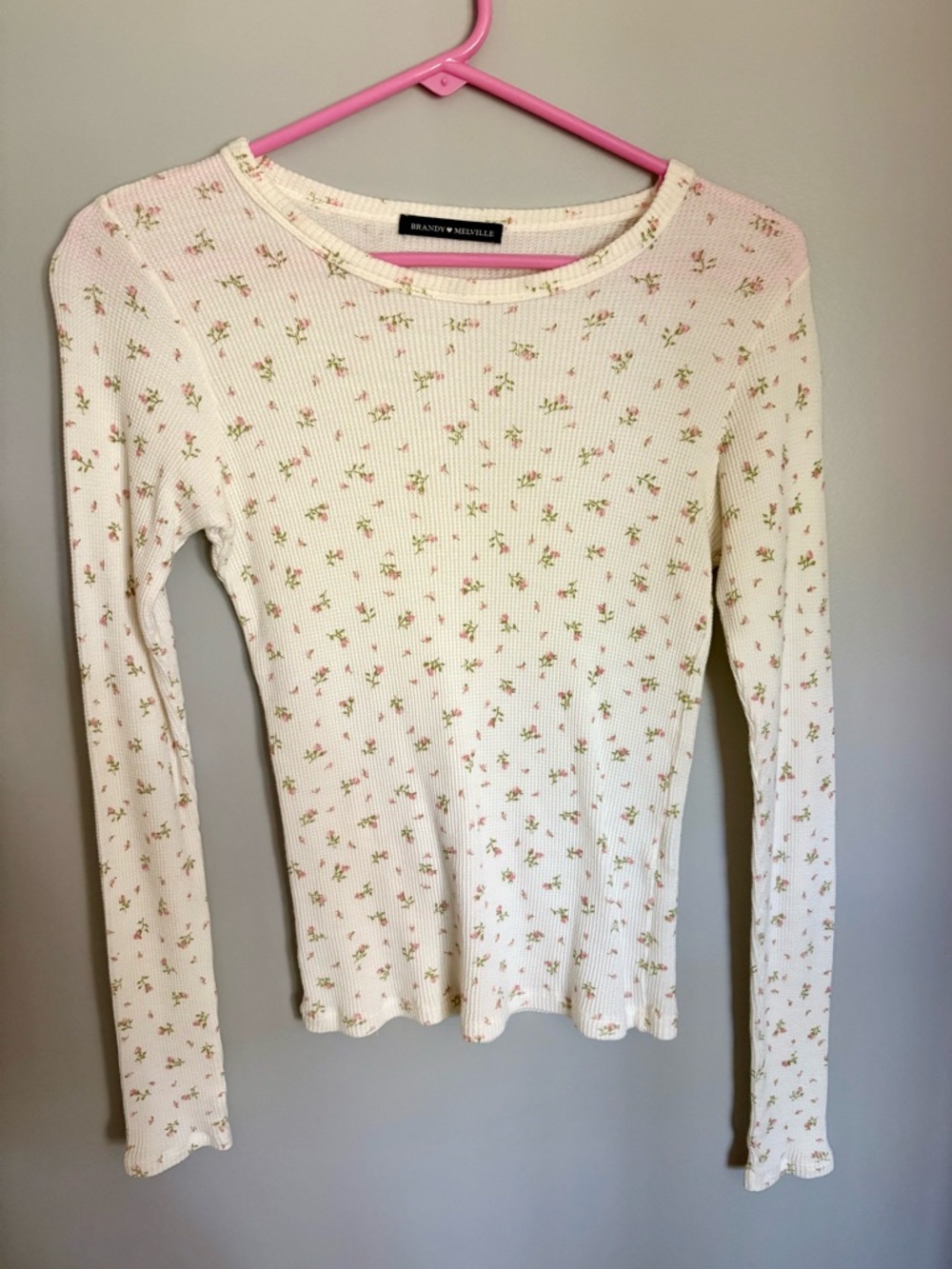 Brandy Melville Cream Ribbed Long-Sleeve Tee with Pink Floral Print